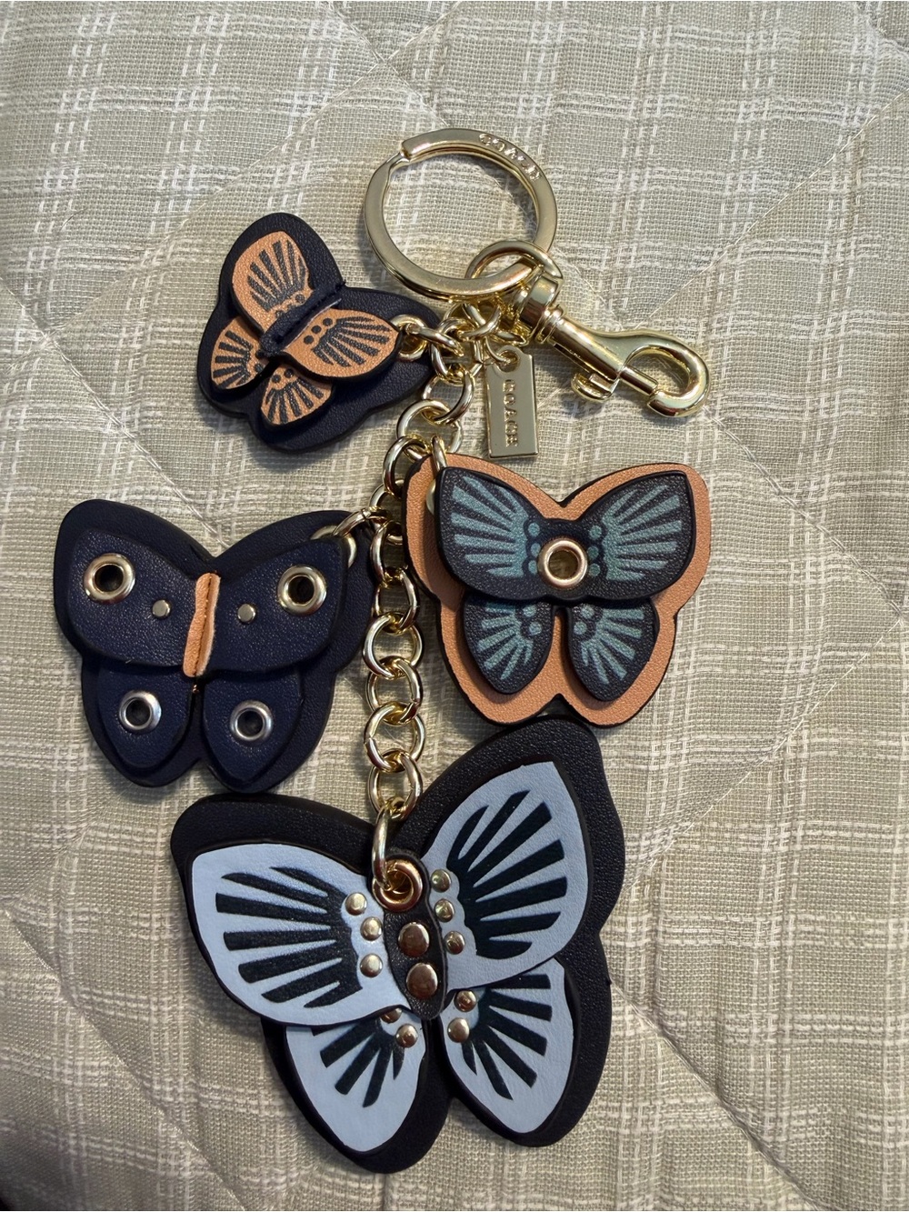 Coach Multi-Butterfly Leather Keychain Charm in Black, Light Blue & Tan
